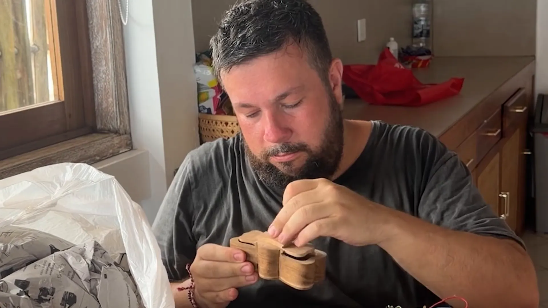Christian Hull unpacking his Bali haul